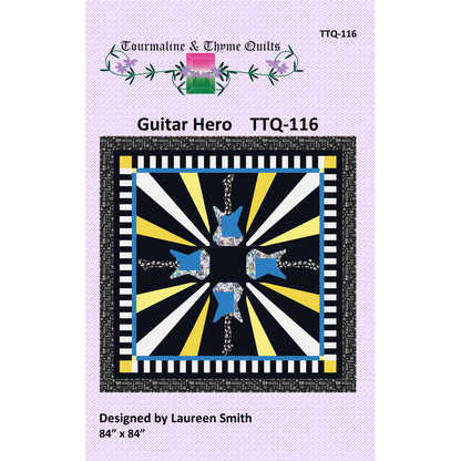 Quilt pattern cover for 'Guitar Hero' by Tourmaline & Thyme Quilts with a colorful design on a purple background.