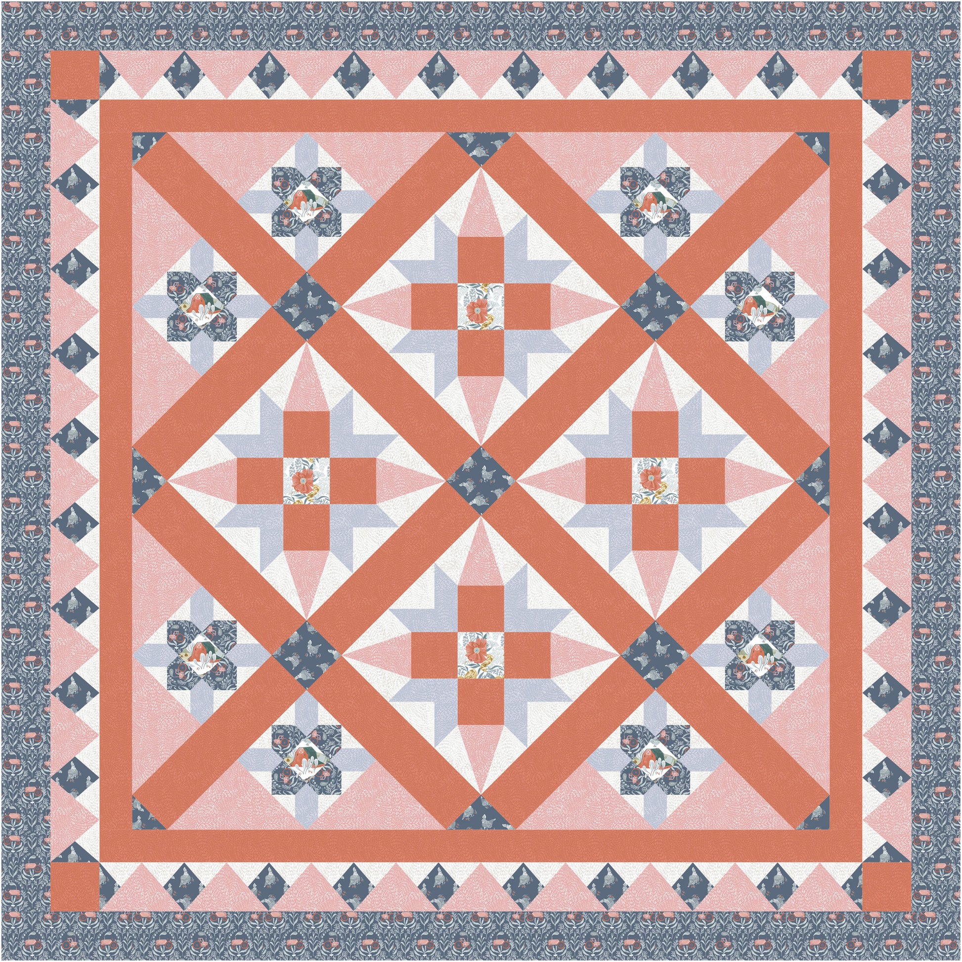 Quilt with geometric pattern featuring pink, blue, and orange colors.