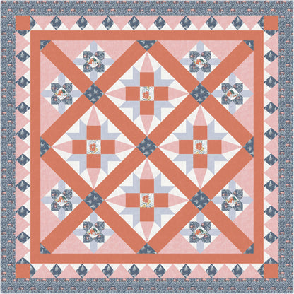 Quilt with geometric pattern featuring pink, blue, and orange colors.
