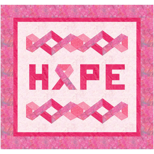 Pink quilt with 'HOPE' text and breast cancer awareness ribbon design
