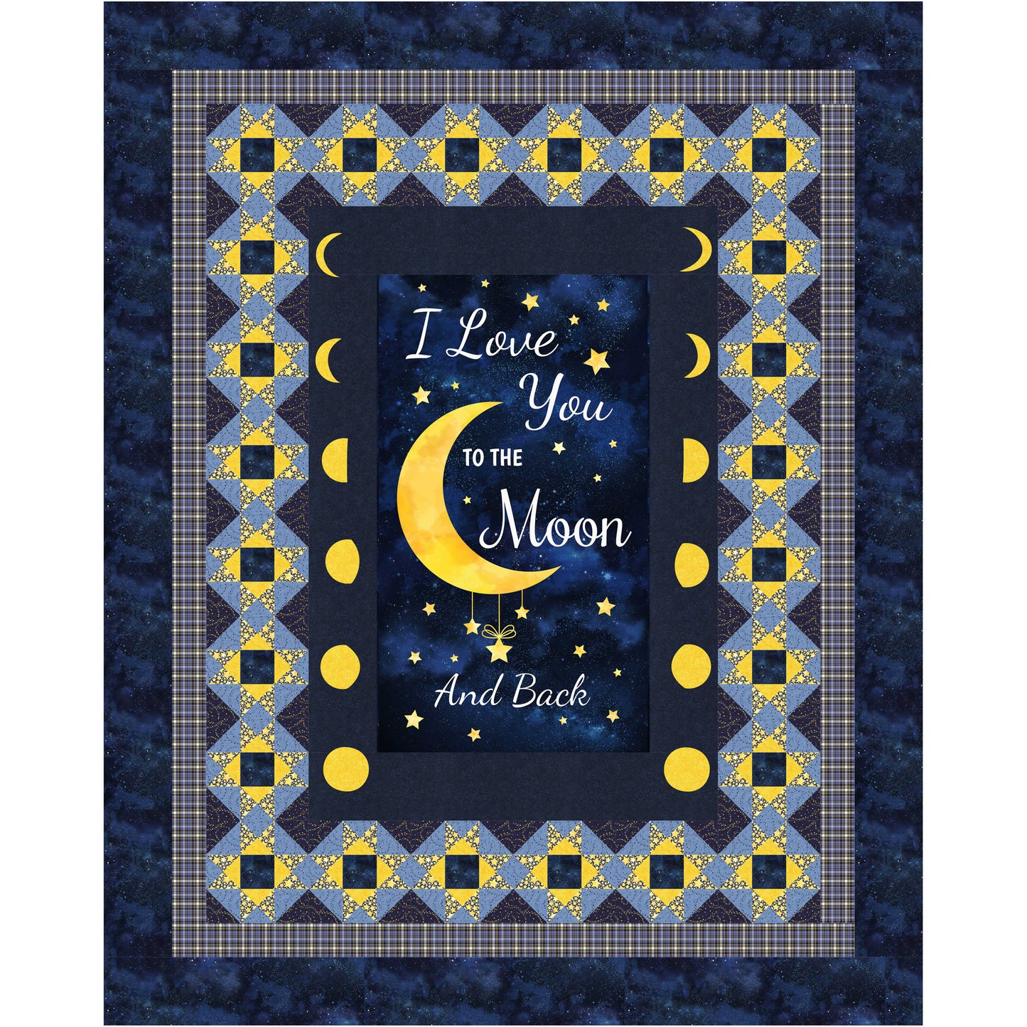 Decorative quilt with 'I Love You to the Moon and Back' text and moon design on a blue background.