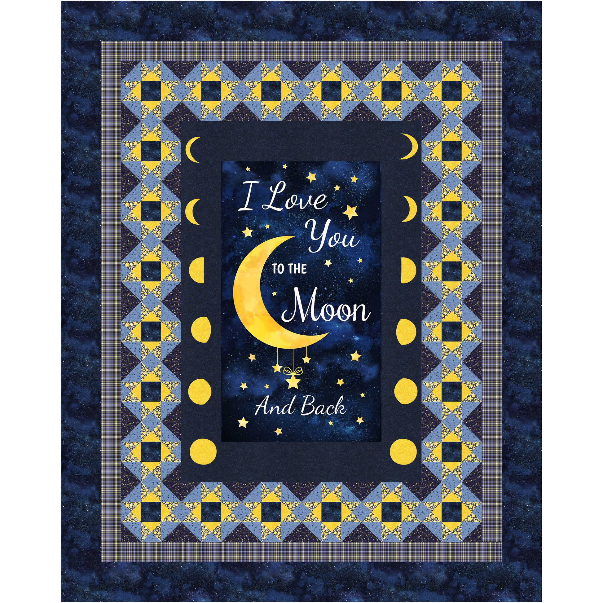 Decorative quilt with 'I Love You to the Moon and Back' text and moon design on a blue background.