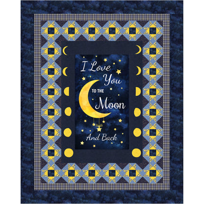 Decorative quilt with 'I Love You to the Moon and Back' text and moon design on a blue background.