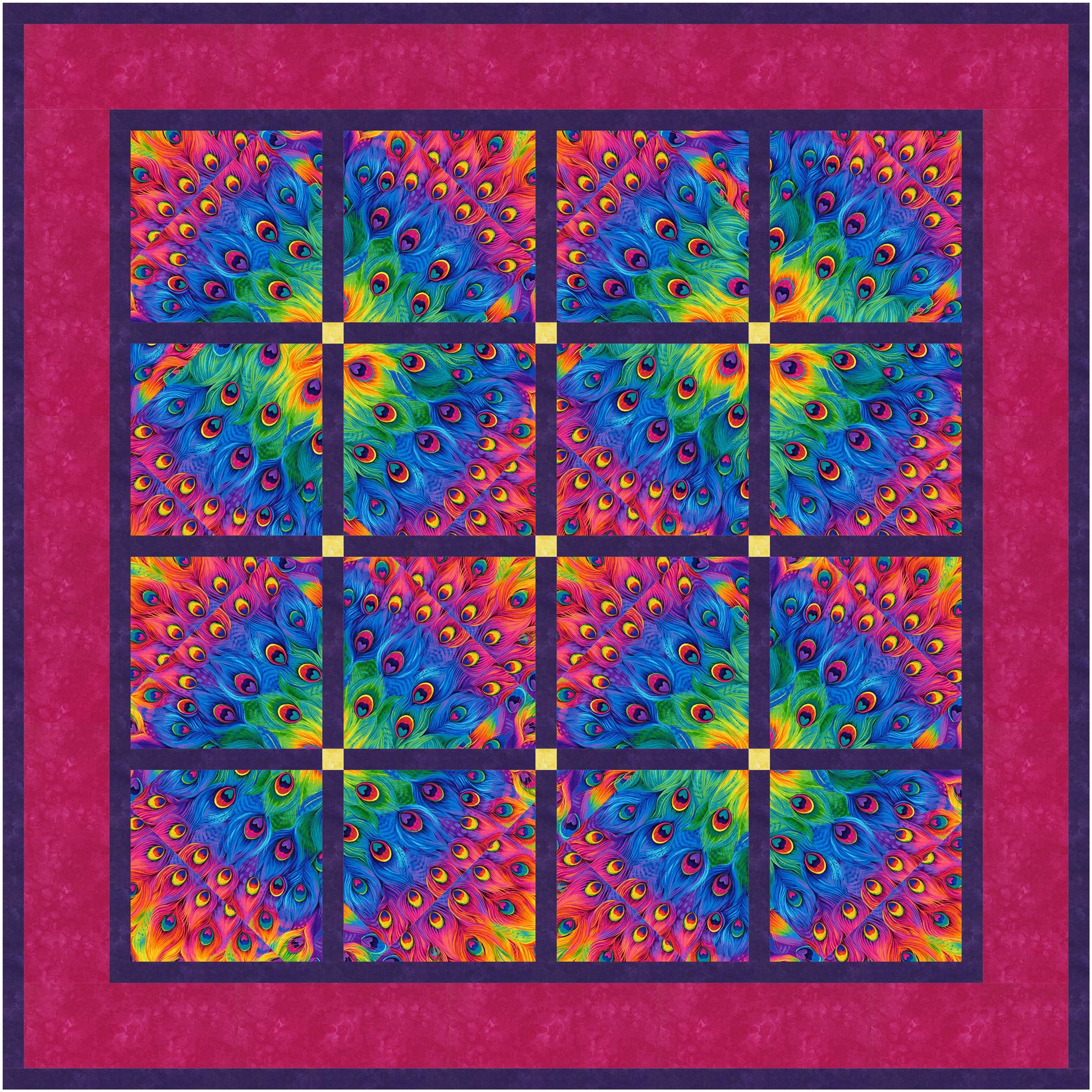 Colorful peacock feather pattern quilt with a red border