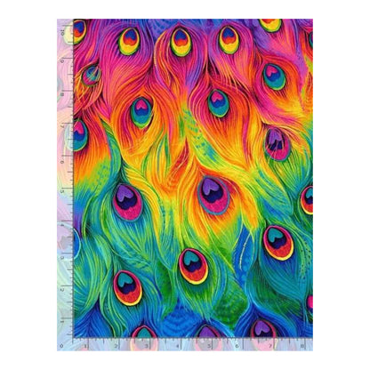 Colorful peacock feather pattern with a ruler on a white background