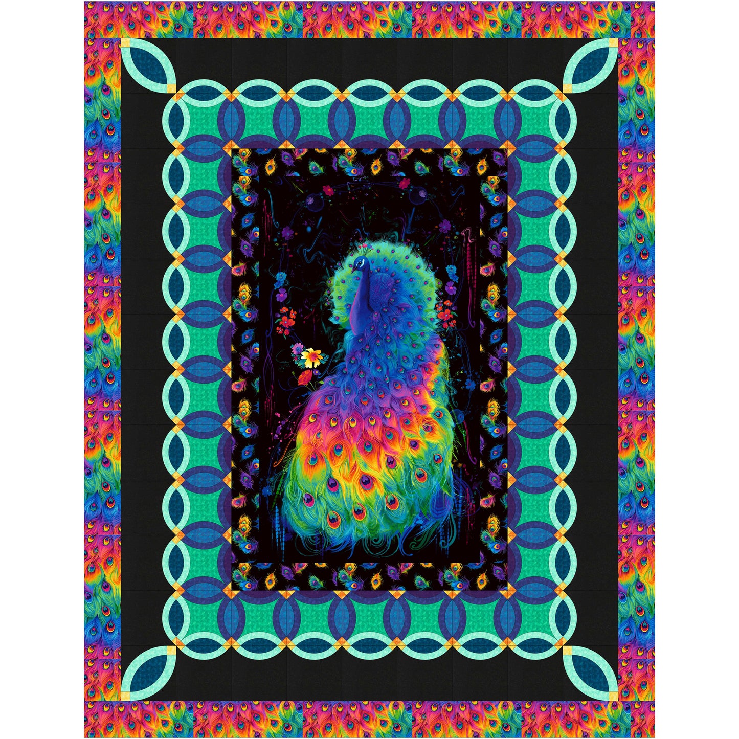 Colorful peacock quilt with a decorative border on a black background