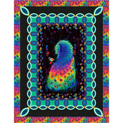 Colorful peacock quilt with a decorative border on a black background