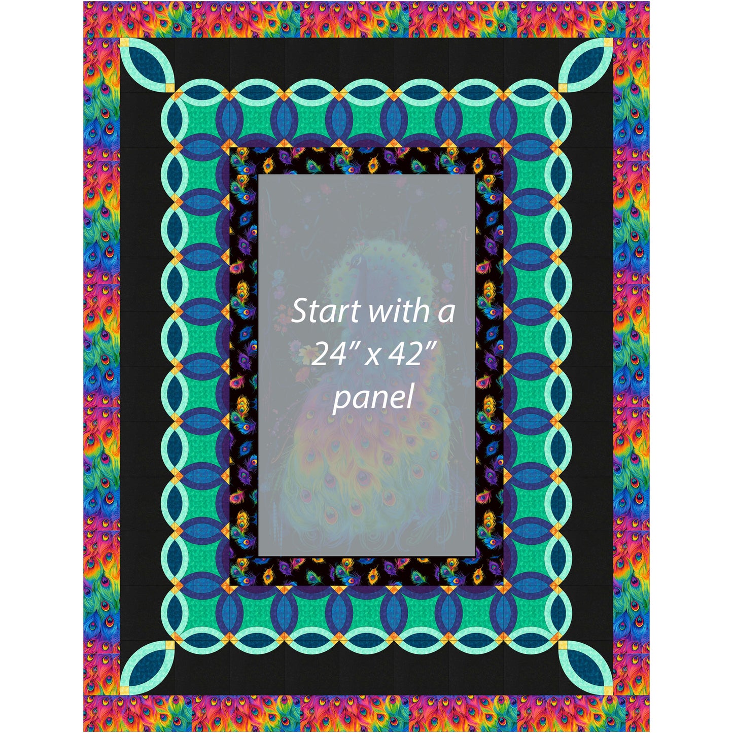 Colorful fabric panel quilt pattern with decorative border.