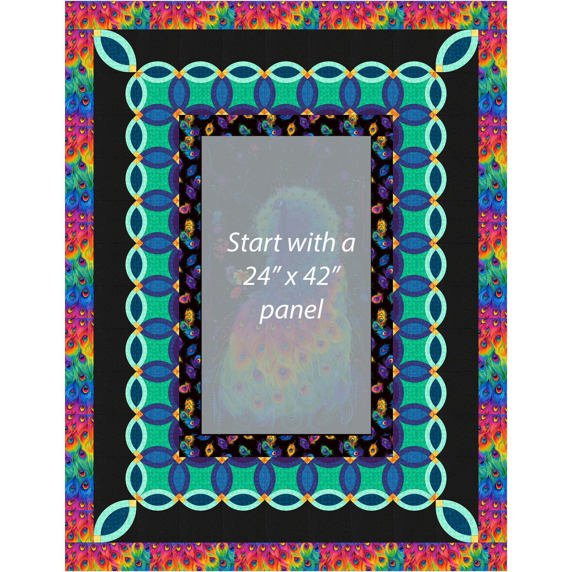 Colorful fabric panel quilt pattern with decorative border.