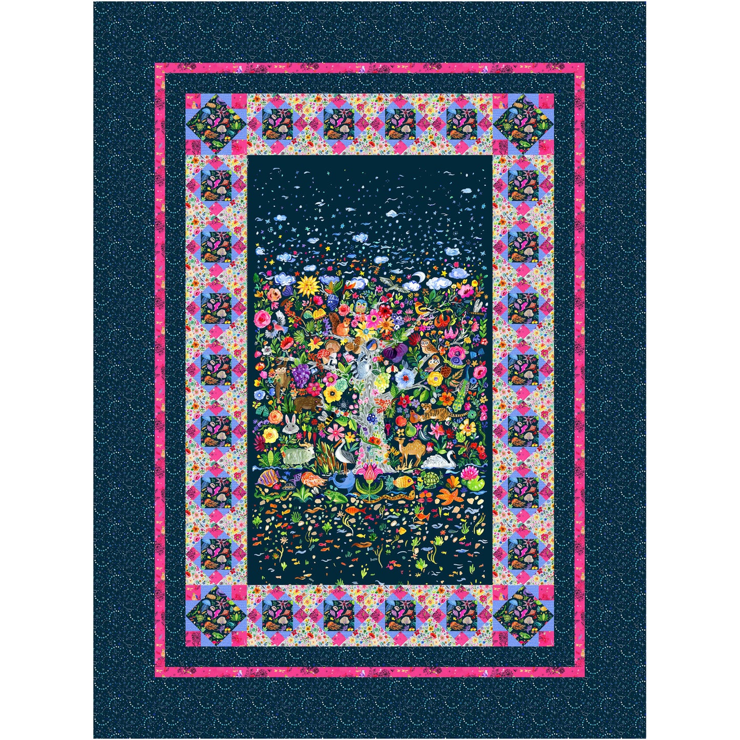 Tree of Life quilt featuring a center fabric panel with diamond border.