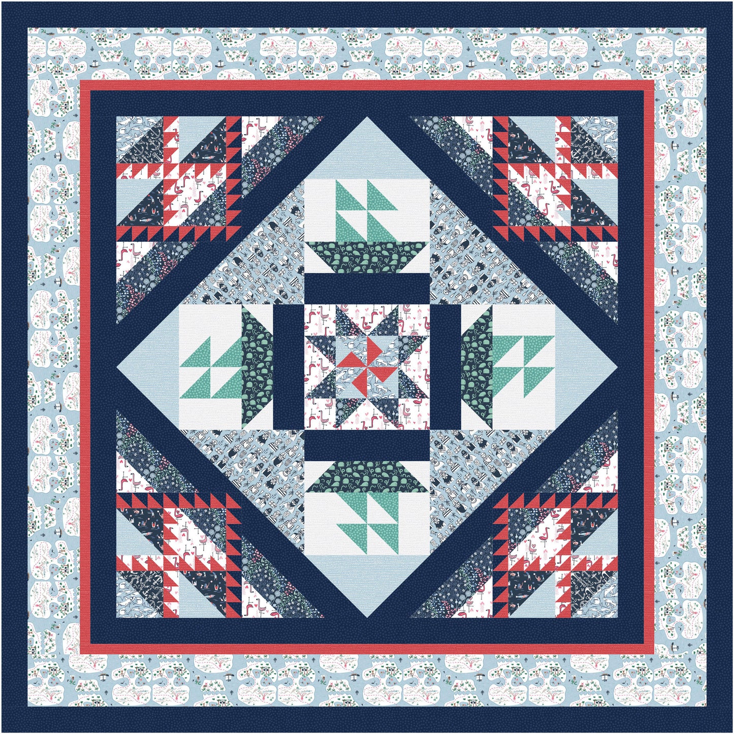 Quilt with geometric pattern on a blue floral background