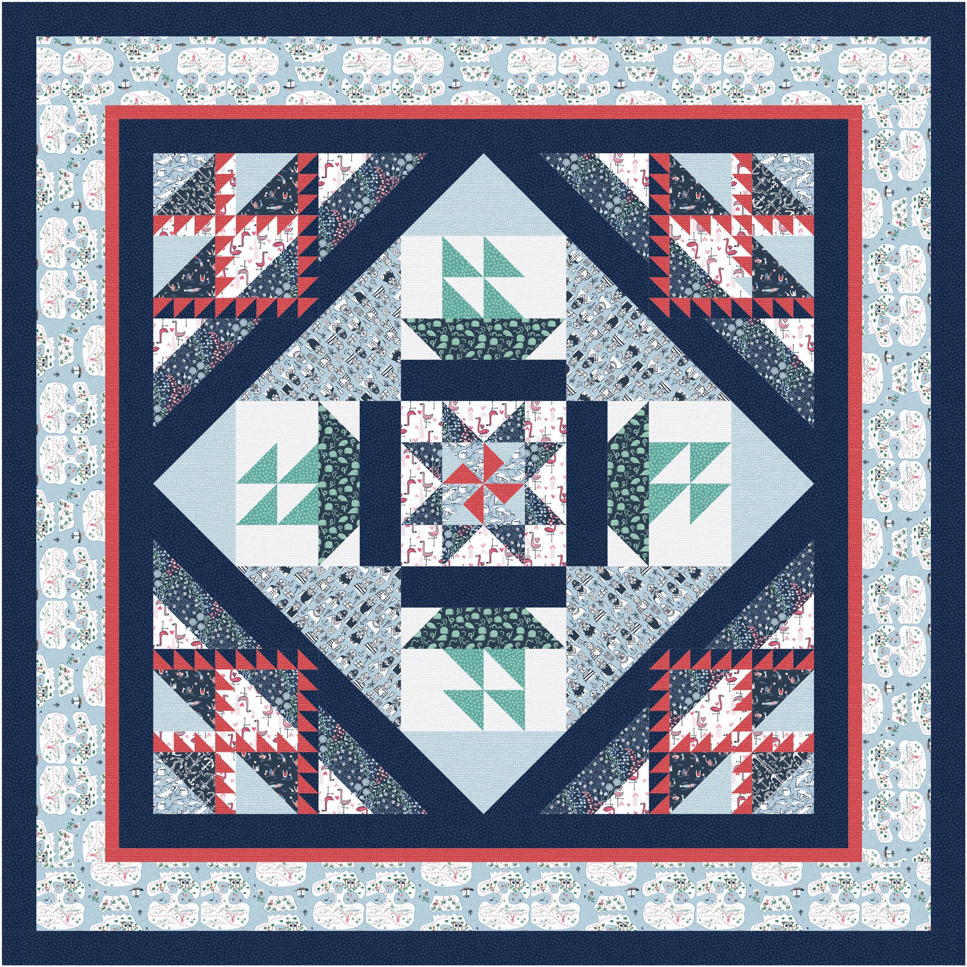 Quilt with geometric pattern on a blue floral background
