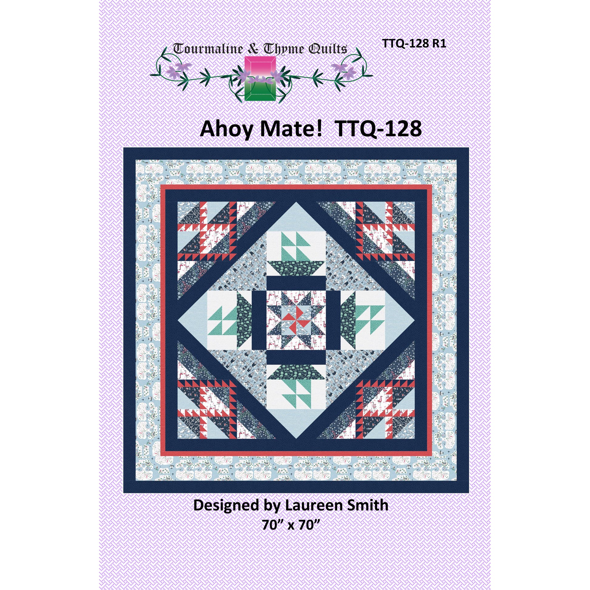 Quilt pattern cover for Ahoy Mate! by Tourmaline & Thyme Quilts with quilt design and branding on a light purple background