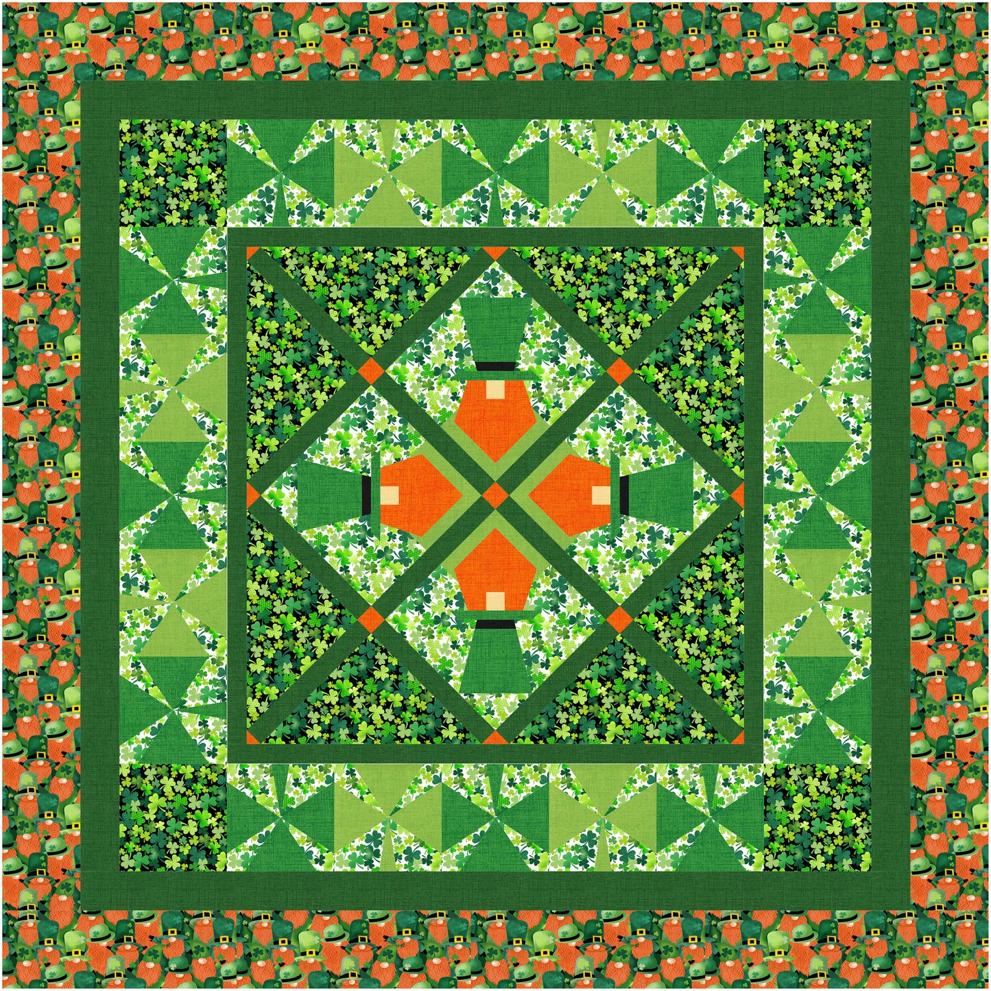 Leprechaun quilt with green and orange geometric pattern