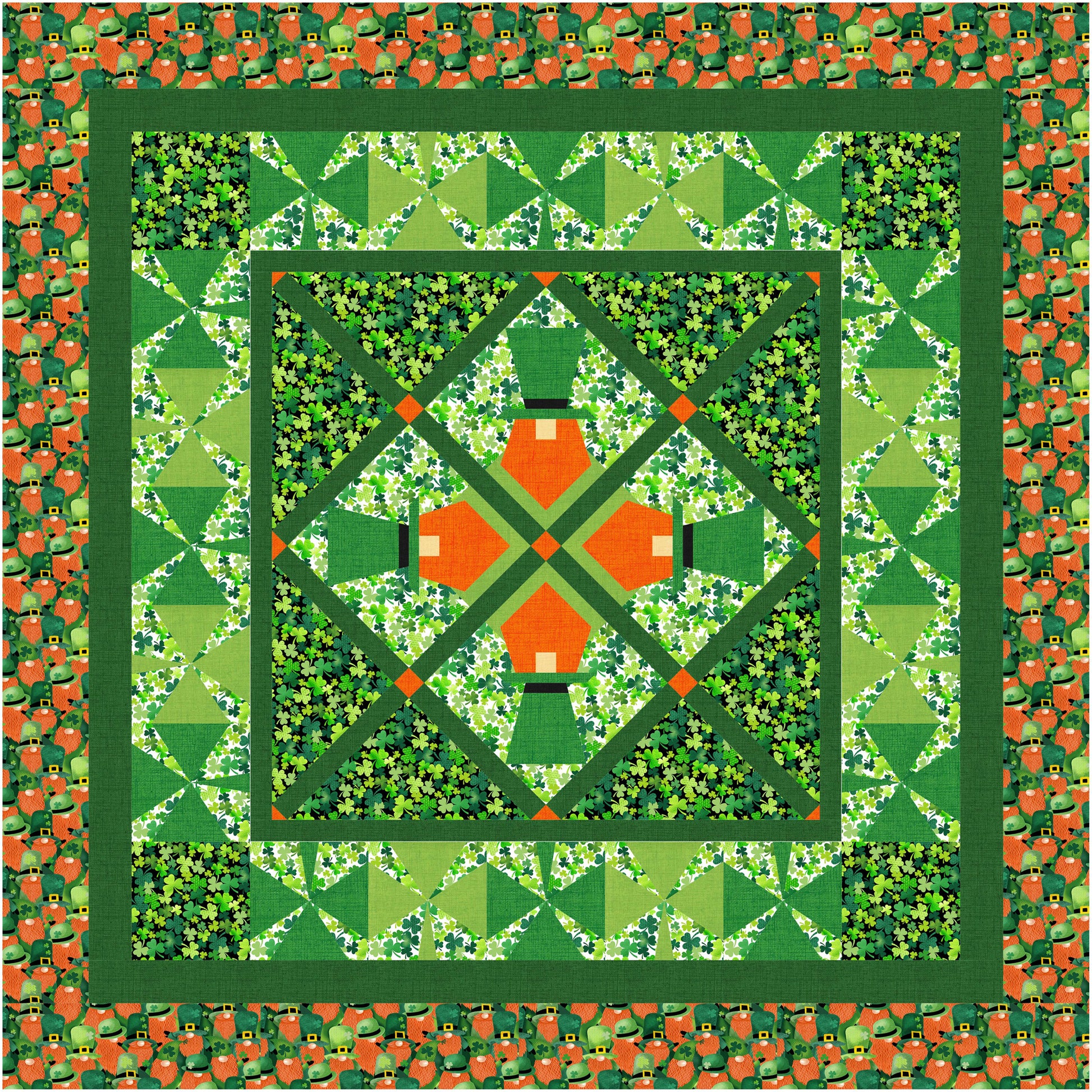 Leprechaun quilt with green and orange geometric pattern