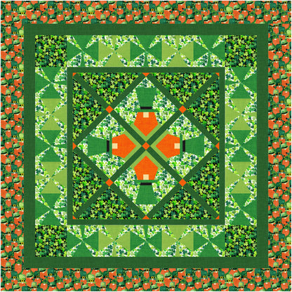 Leprechaun quilt with green and orange geometric pattern