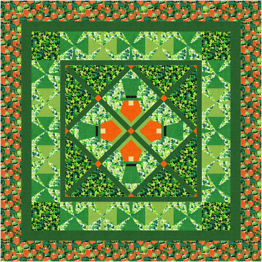 Leprechaun quilt with green and orange geometric pattern