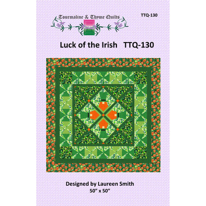 Quilt pattern cover titled 'Luck of the Irish' by Tourmaline & Thyme Quilts with a green and orange quilt design on a purple background.