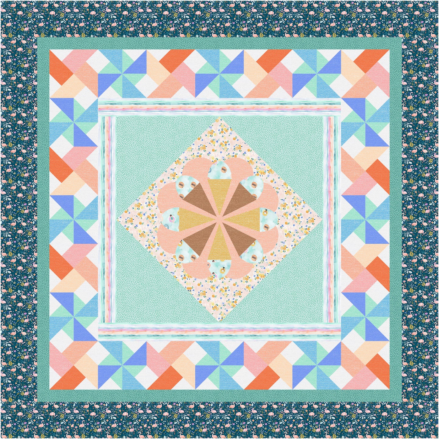 Quilt with geometric pattern and colorful border