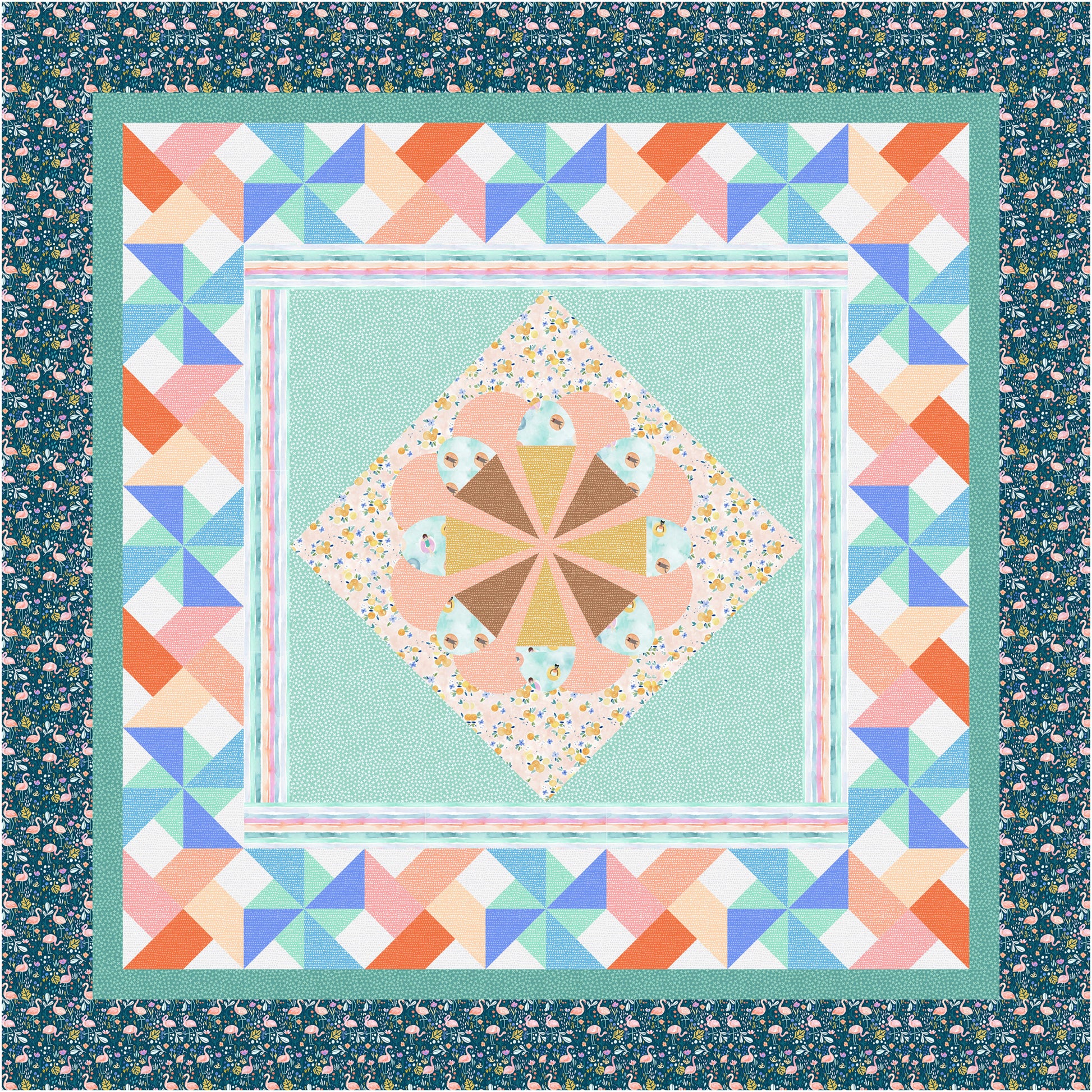 Quilt with geometric pattern and colorful border