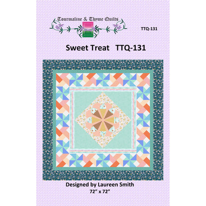 Quilt pattern cover for the Sweet Treat pattern by Tourmaline & Thyme Quilts with colorful quilt design and branding information.