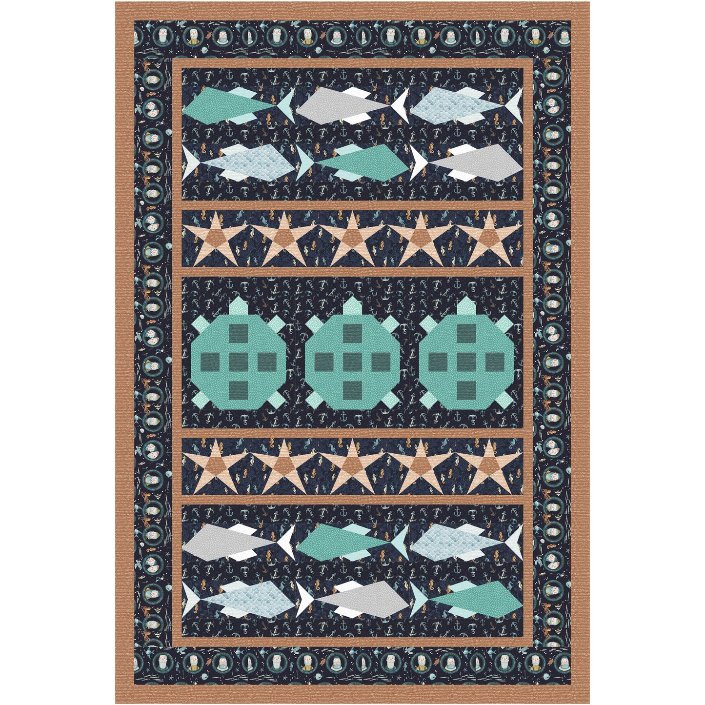 Quilt with turtle, fish, and star patterns on a dark blue background
