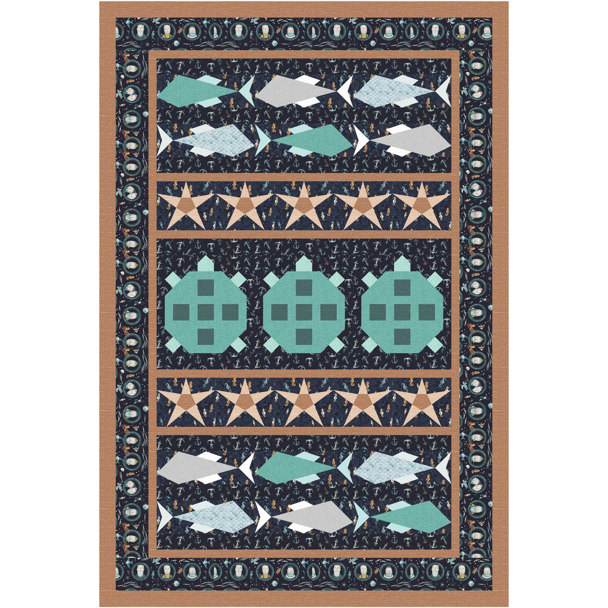 Quilt with turtle, fish, and star patterns on a dark blue background