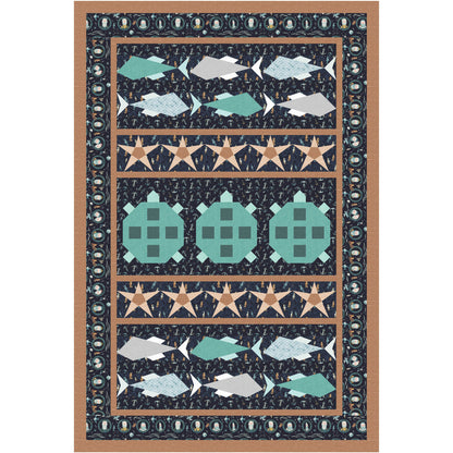 Quilt with turtle, fish, and star patterns on a dark blue background