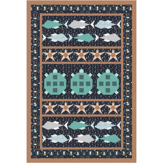 Quilt with turtle, fish, and star patterns on a dark blue background