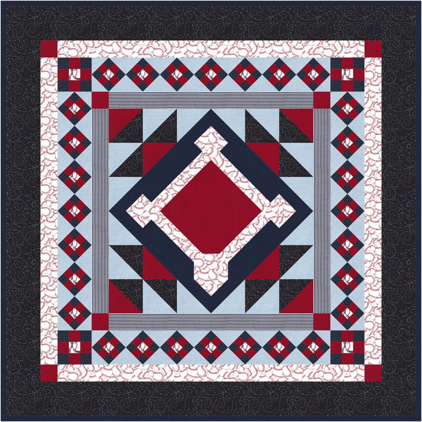 Quilt with geometric pattern featuring red, blue, and black on a white background