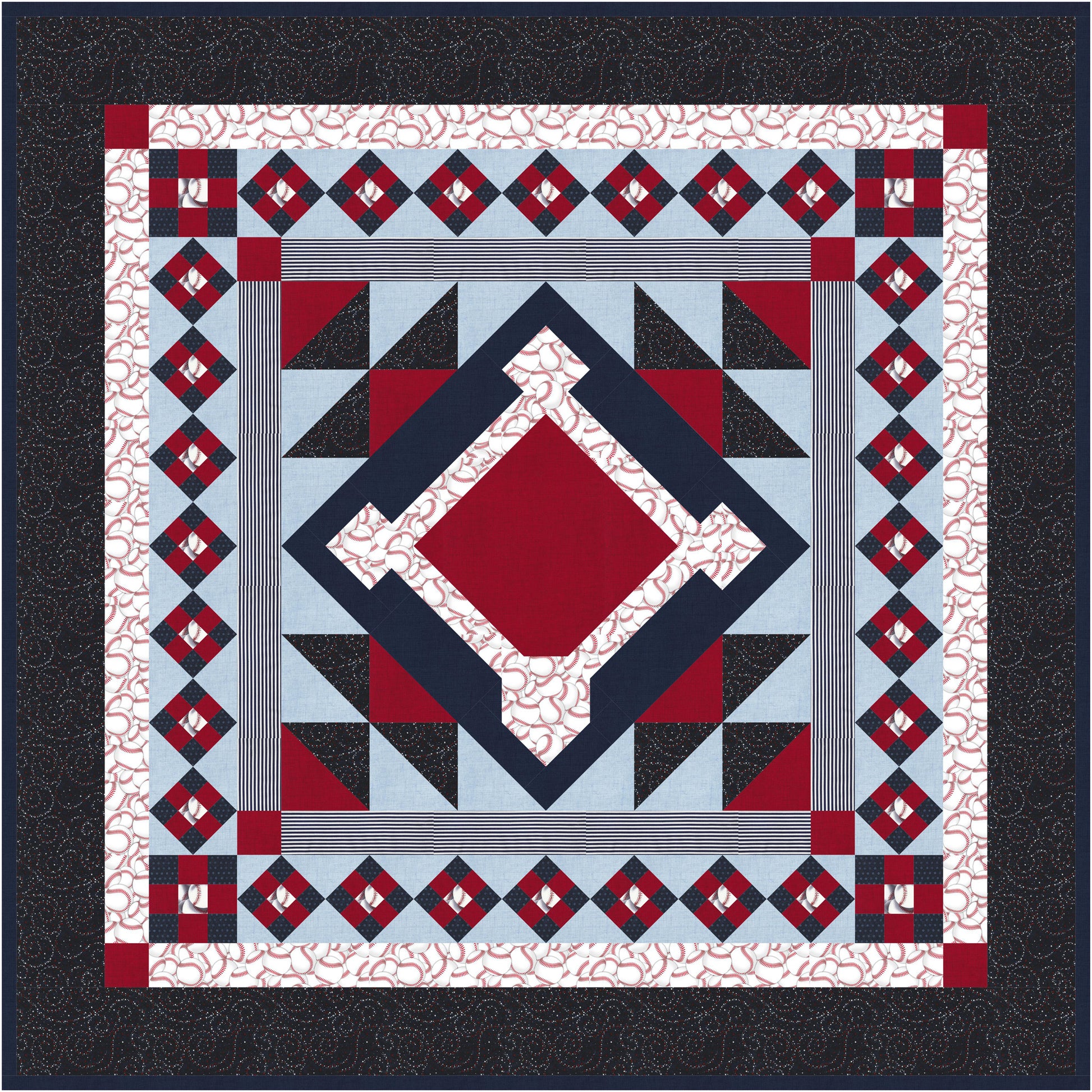 Quilt with geometric pattern featuring red, blue, and black on a white background