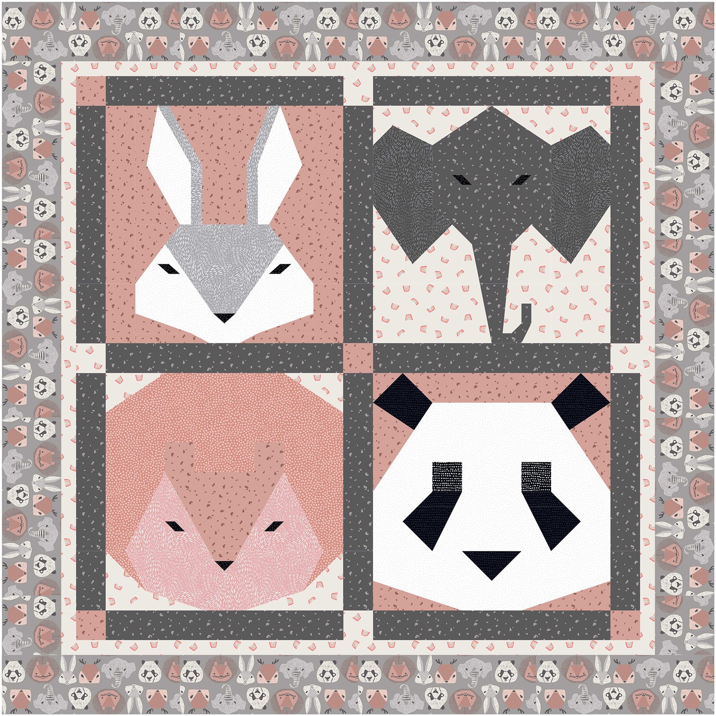 Four friends quilt features a bunny, elephant, lion, and panda block.
