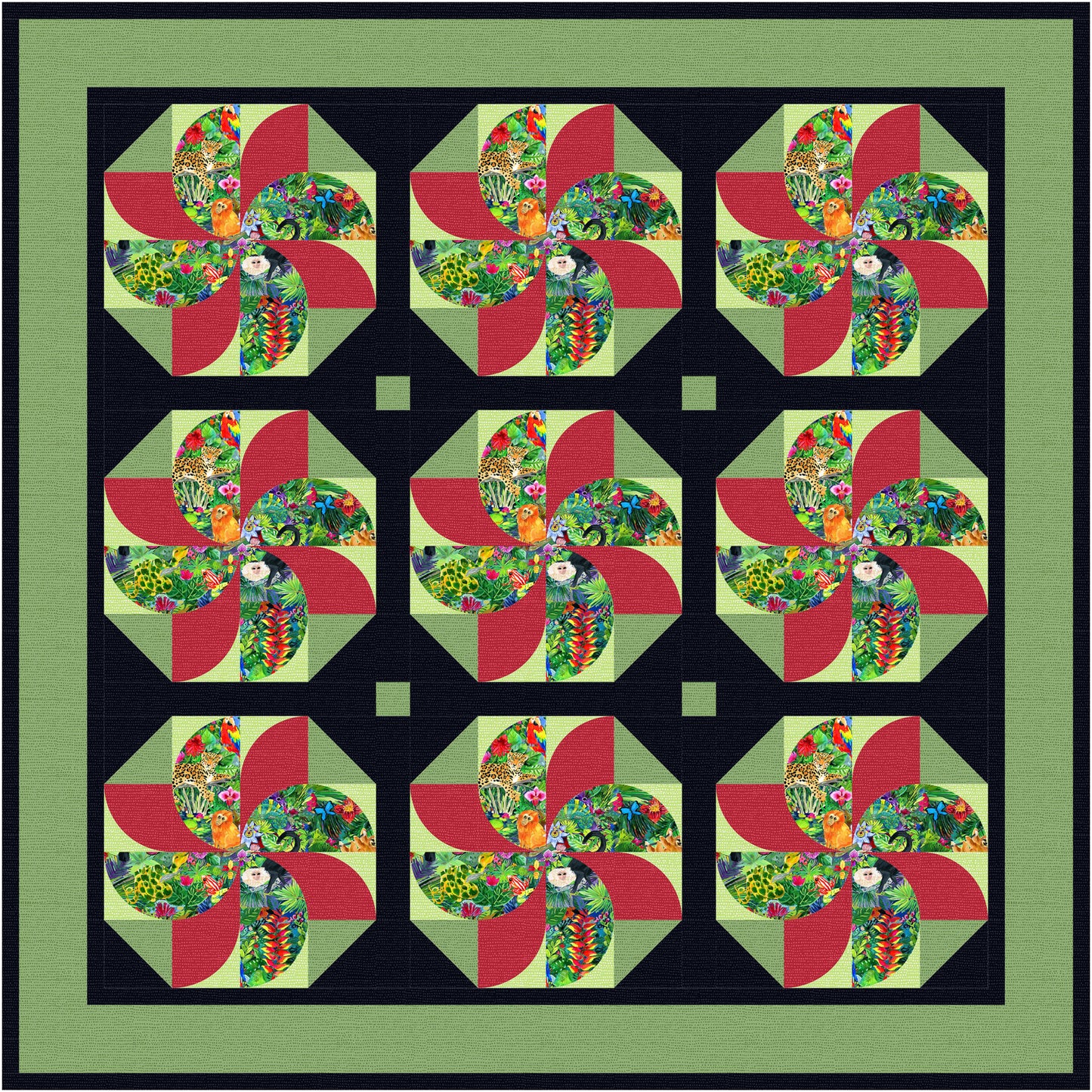 Quilt pattern with colorful geometric design on a green background