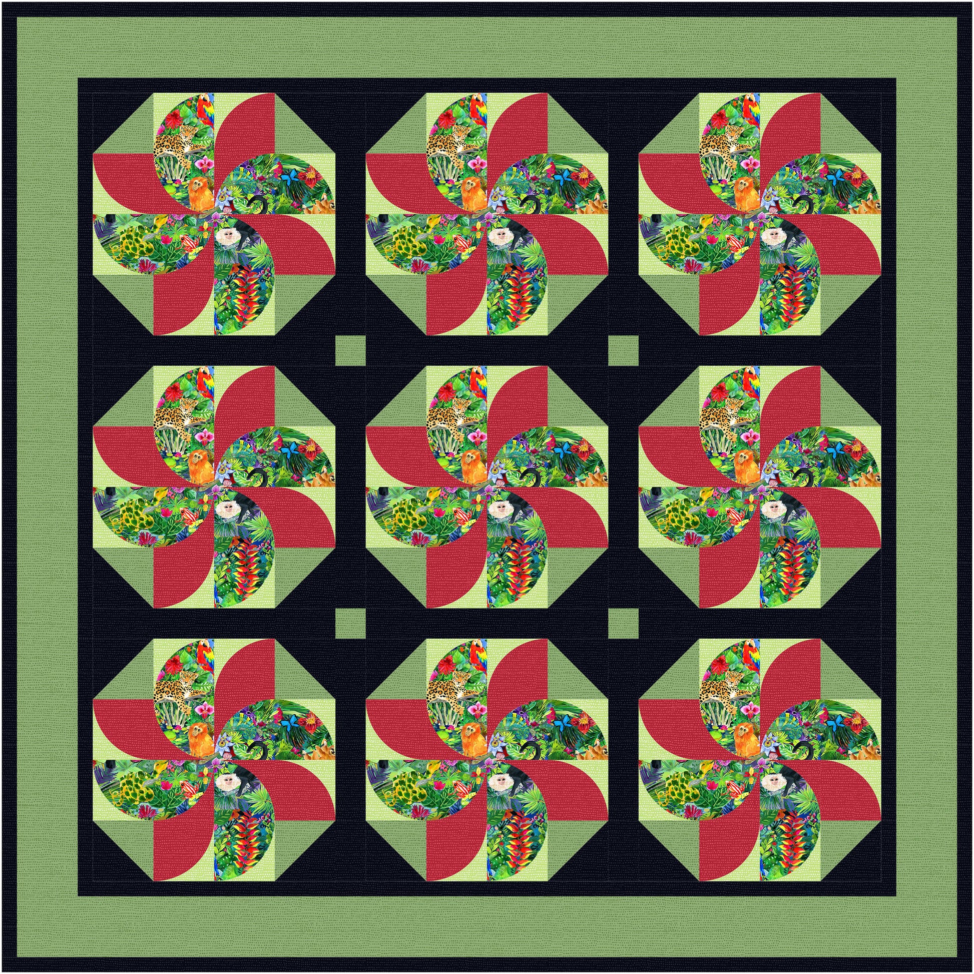 Quilt pattern with colorful geometric design on a green background