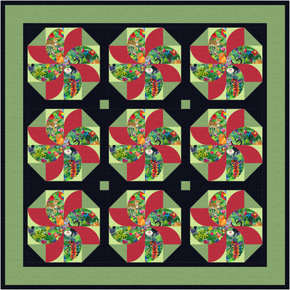 Quilt pattern with colorful geometric design on a green background