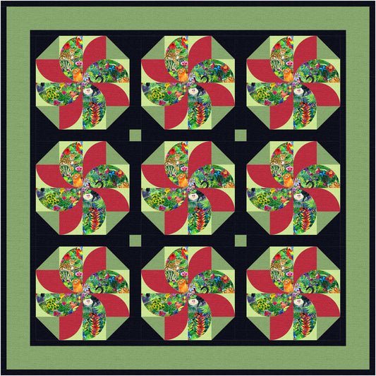 Quilt pattern with colorful geometric design on a green background
