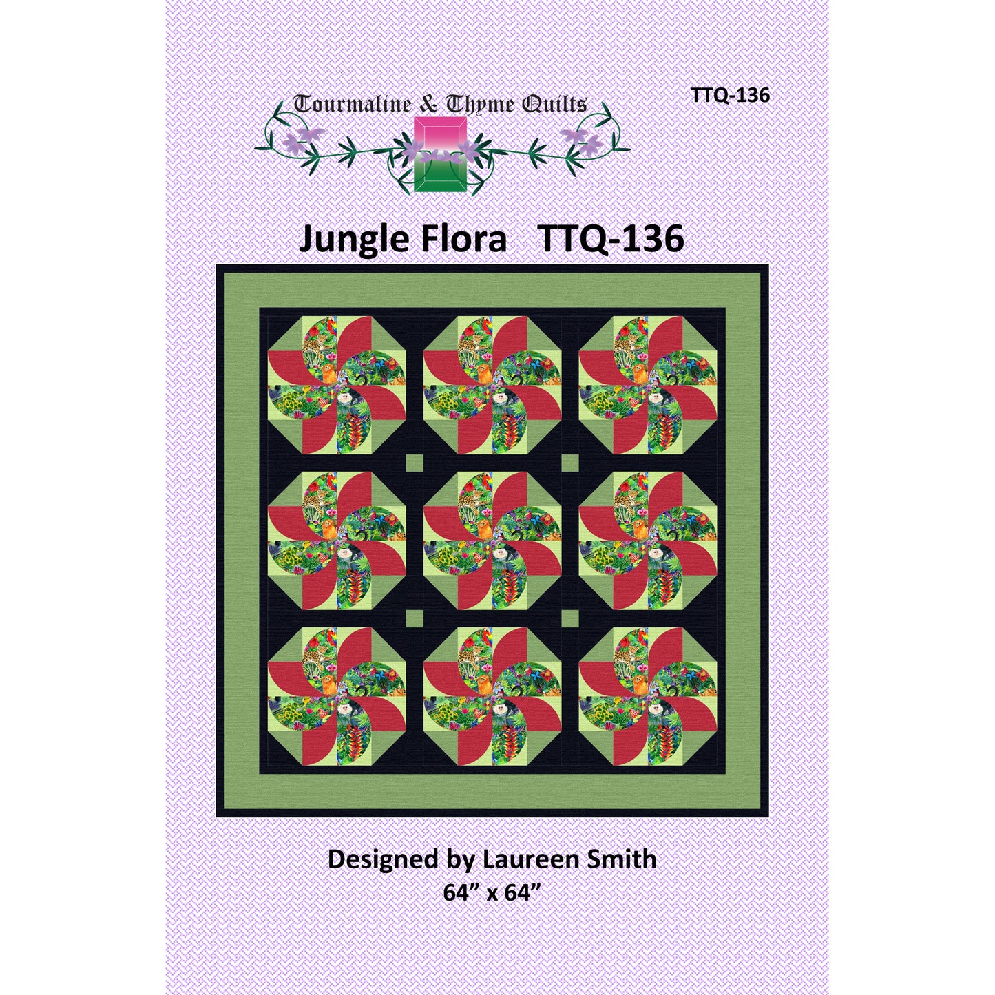 Quilt pattern cover for 'Jungle Flora' by Tourmaline & Thyme with colorful floral design on a purple background.