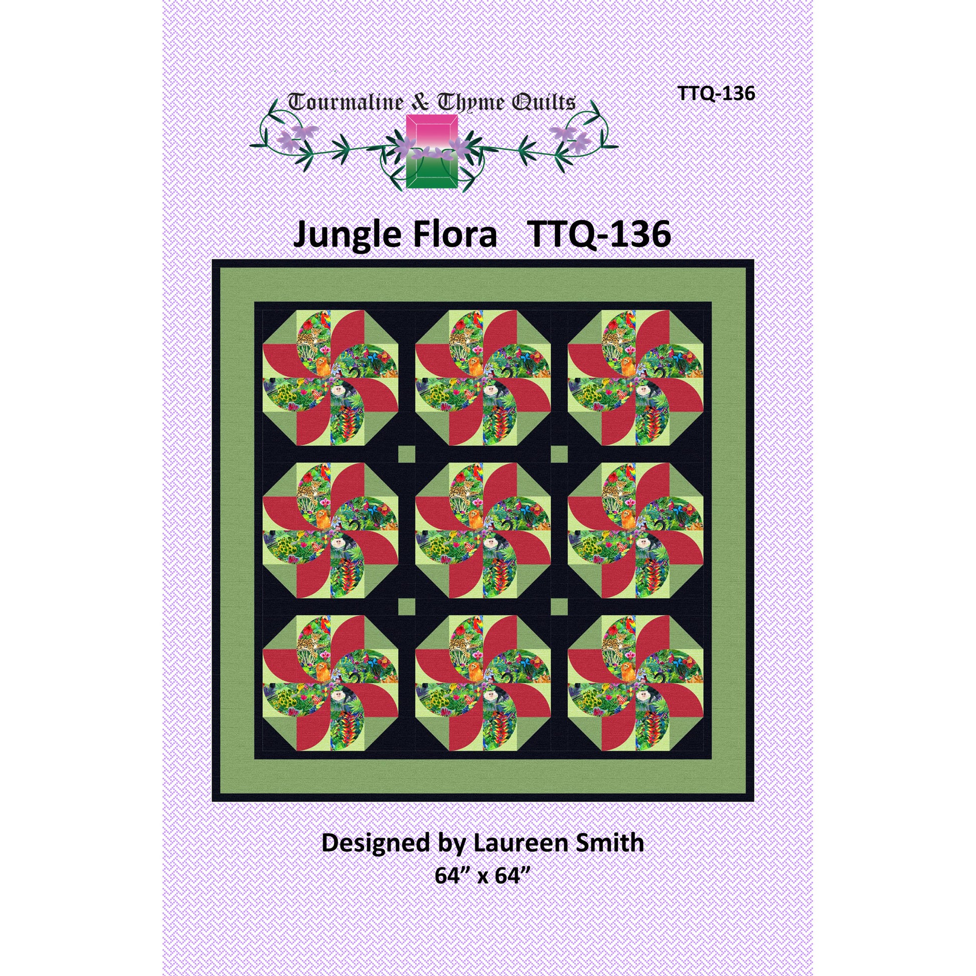 Quilt pattern cover for 'Jungle Flora' by Tourmaline & Thyme with colorful floral design on a purple background.