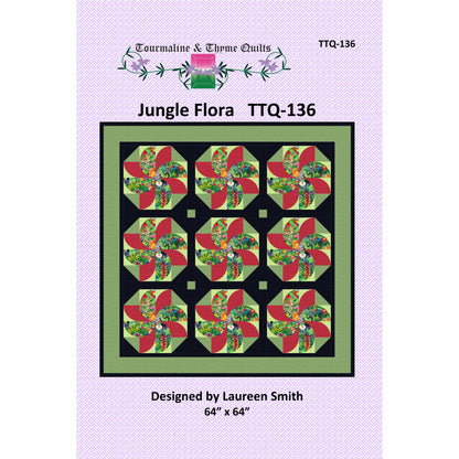 Quilt pattern cover for 'Jungle Flora' by Tourmaline & Thyme with colorful floral design on a purple background.