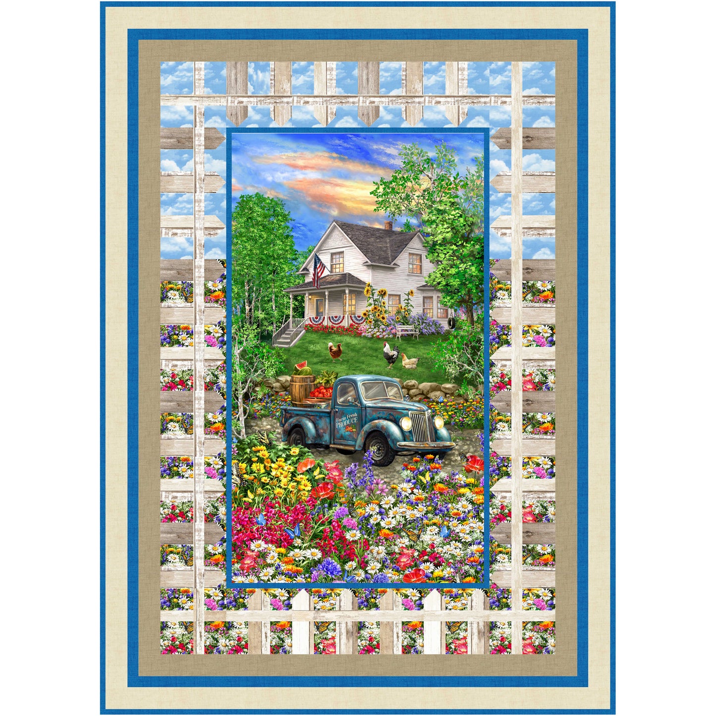 Quilt featuring a center fabric panel painting of a house with a blue truck in a garden, framed by a window view.