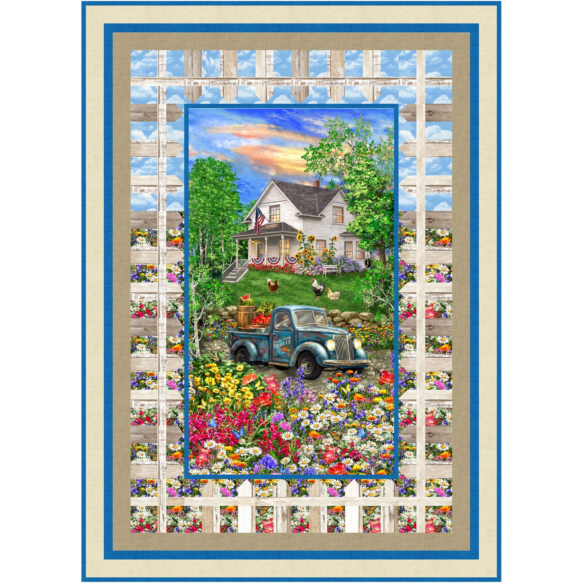 Quilt featuring a center fabric panel painting of a house with a blue truck in a garden, framed by a window view.