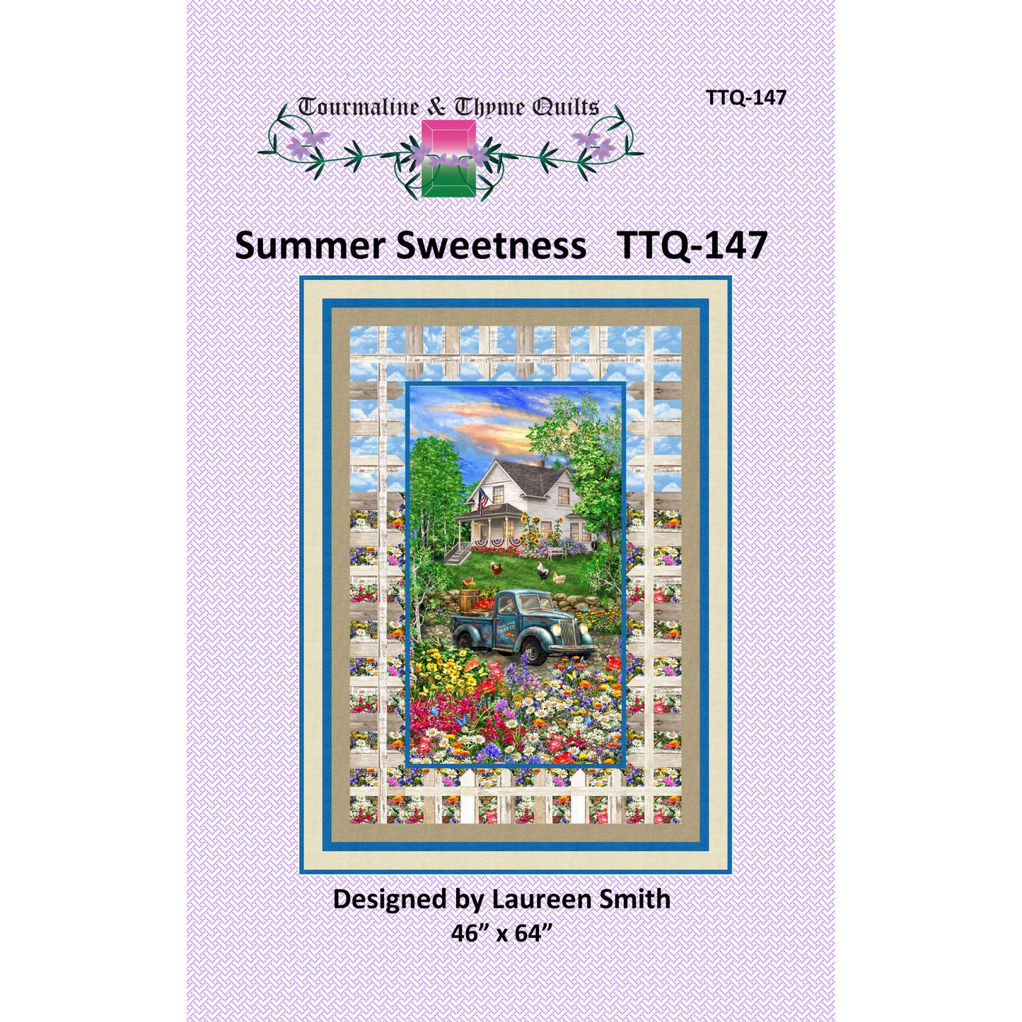 Quilt pattern cover for 'Summer Sweetness' by Tourmaline & Thyme Quilts with a scenic illustration and branding details.