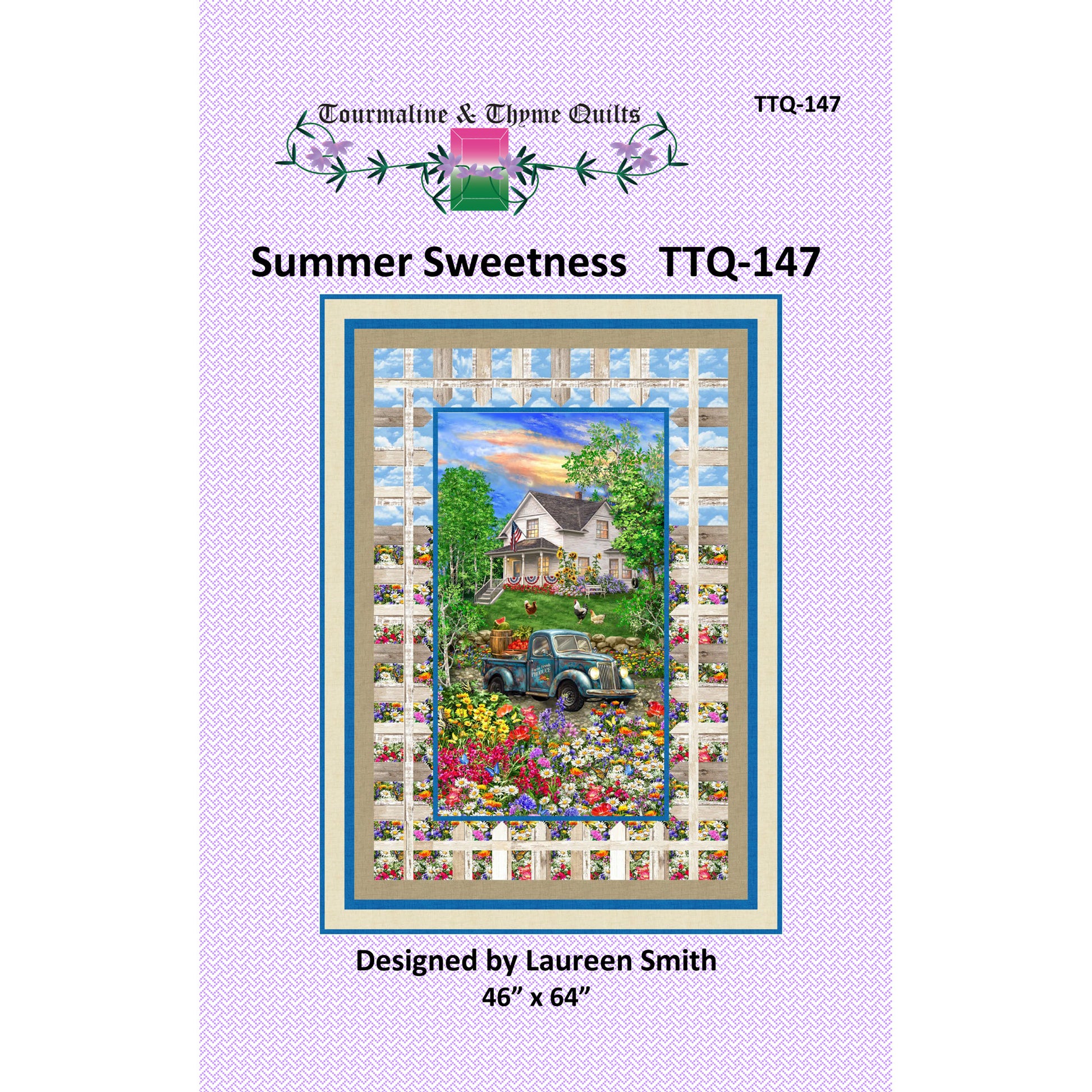 Quilt pattern cover for 'Summer Sweetness' by Tourmaline & Thyme Quilts with a scenic illustration and branding details.