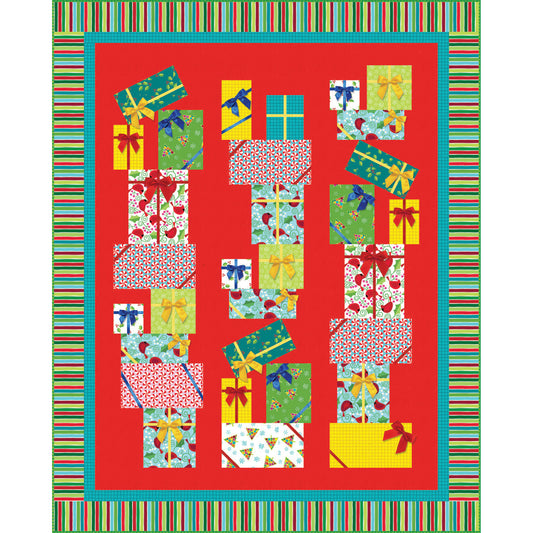 Quilt in bright red with striped border with stacked presents of multiple colors and ribbons. Perfect for Christmas or any gift giving occasion.