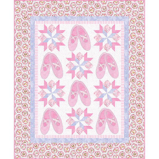 Beautiful and dainty quilt in pink with ballet slippers and stars.