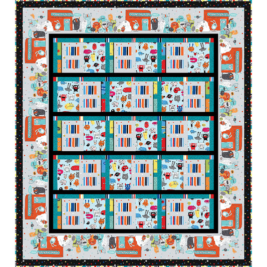 Bright quilt with doors of fabric with monsters on one side. Bordered by more monsters.