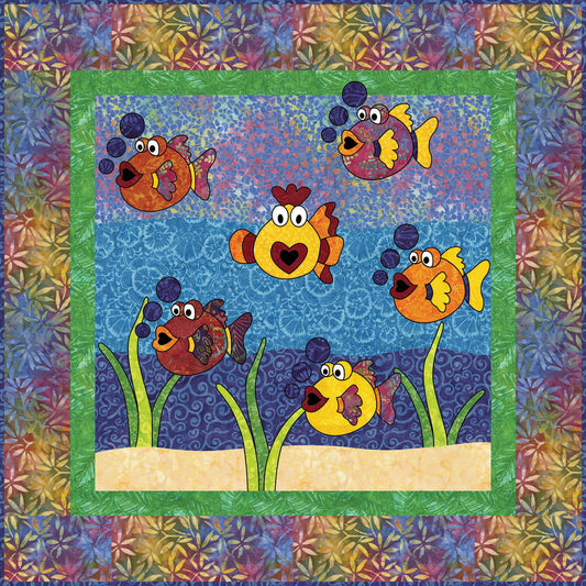 Colorful quilt featuring fish and plants.