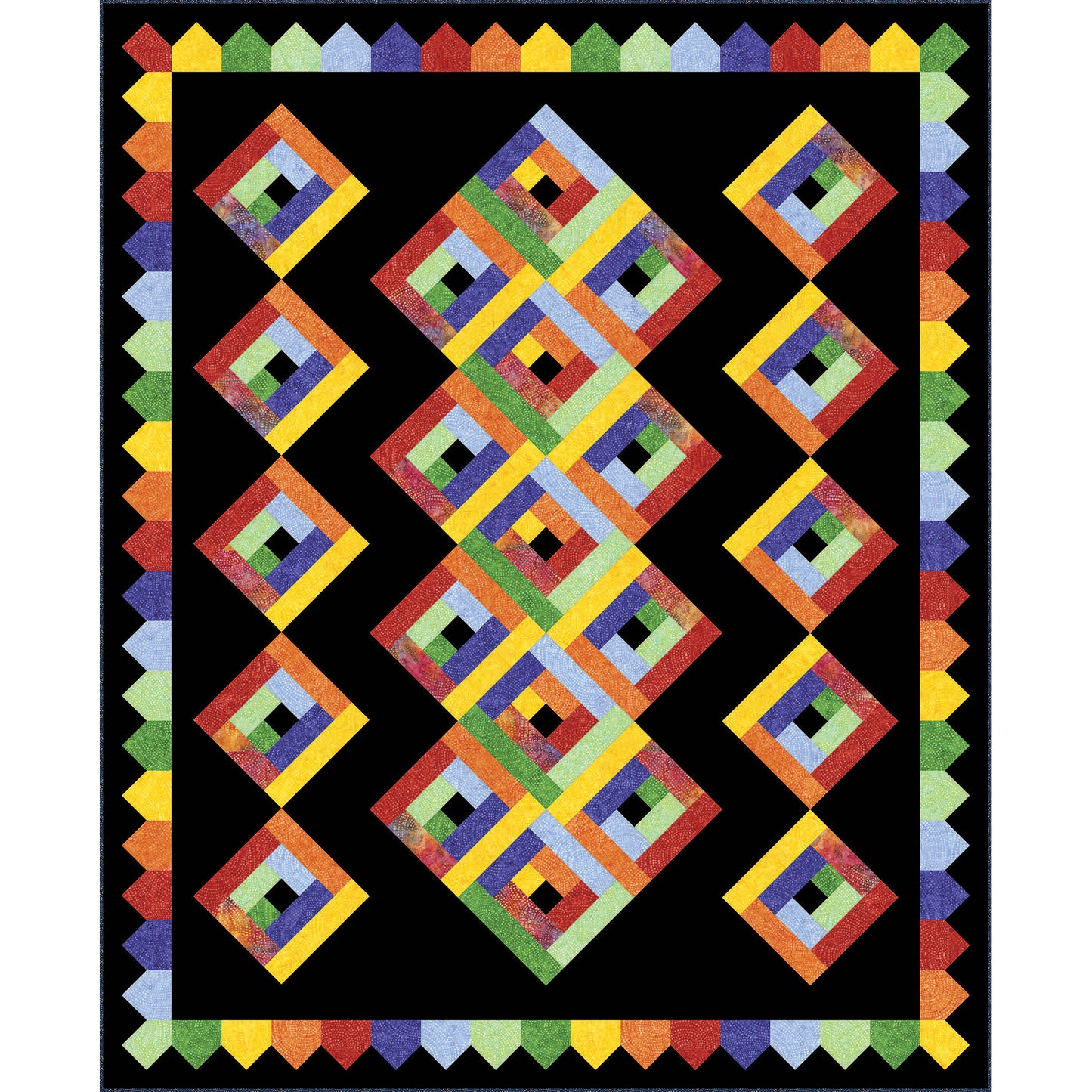 Colorful quilt with various squares in red, blue, green, and yellow patterns with a fun border of pointed colored fabric on background.