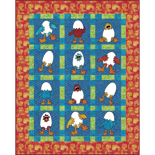 A colorful quilt featuring twelve bright cartoon birds as they hatch from their eggs on a vibrant background.