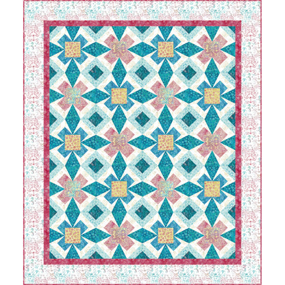 A vibrant quilt featuring a colorful geometric designs.